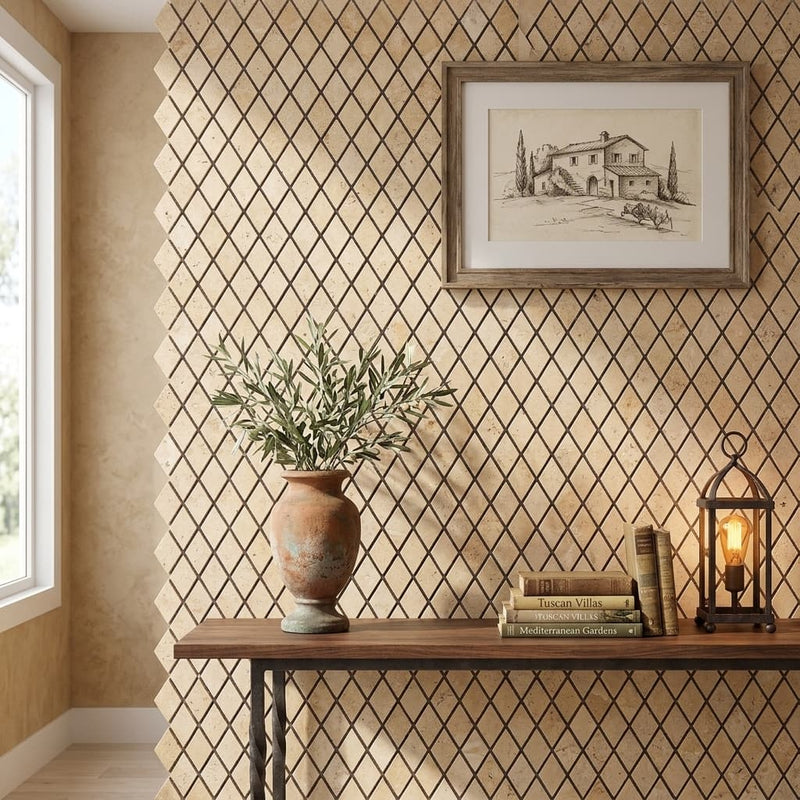 Philadelphia Travertine 1x2 Tumbled Travertine Diamond / Rhomboid Mosaic — Living Room accent wall