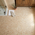 Philadelphia Travertine 1x2 Tumbled Travertine Herringbone Mosaic — Bathroom floor