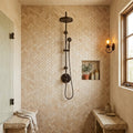 Philadelphia Travertine 1x2 Tumbled Travertine Herringbone Mosaic — Bathroom shower wall