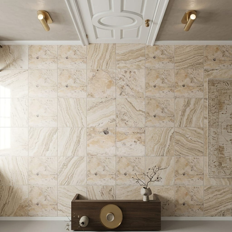 Philadelphia Travertine 12x12 Filled & Honed Travertine Tile — Hallway floor