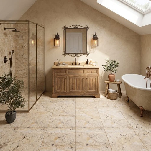 Philadelphia Travertine 12x12 Tumbled Travertine Tile — Bathroom floor