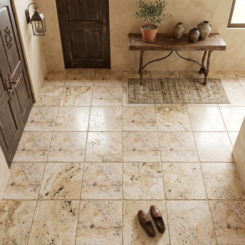 Philadelphia Travertine 12x12 Tumbled Travertine Tile — Foyer floor