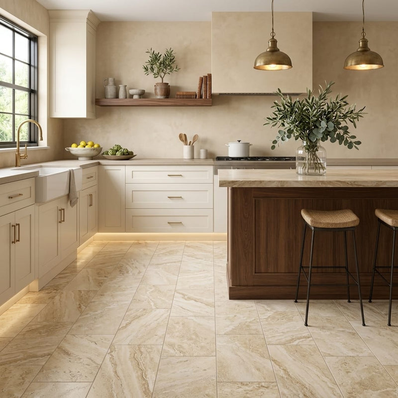Philadelphia Travertine 12x24 Filled & Honed Travertine Tile — Kitchen floor