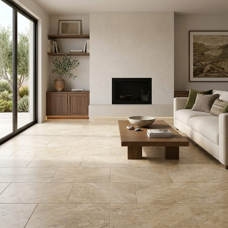 Philadelphia Travertine 12x24 Filled & Honed Travertine Tile — Living Room floor
