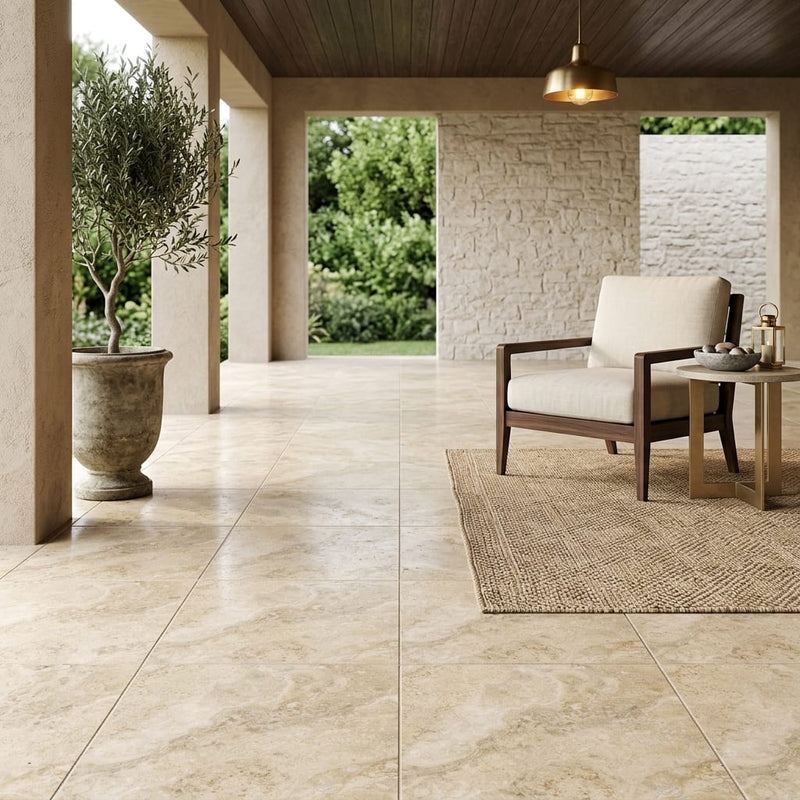 Philadelphia Travertine 18x18 Filled & Honed Travertine Tile — Covered Patio floor
