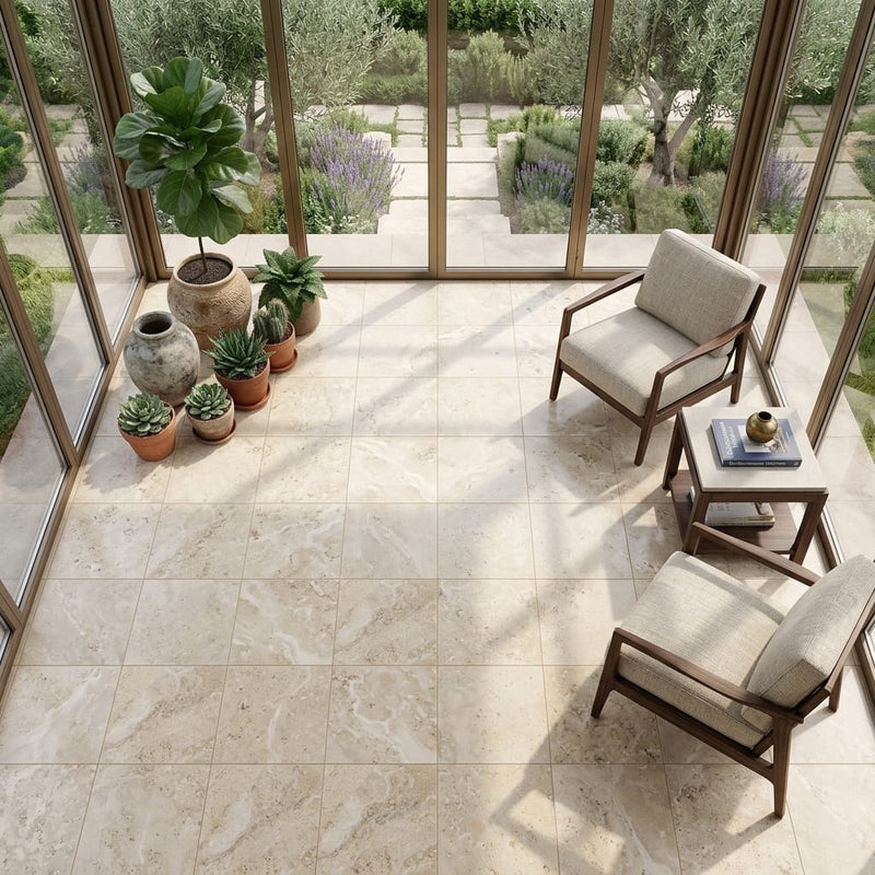 Philadelphia Travertine 18x18 Filled & Honed Travertine Tile — Sunroom floor