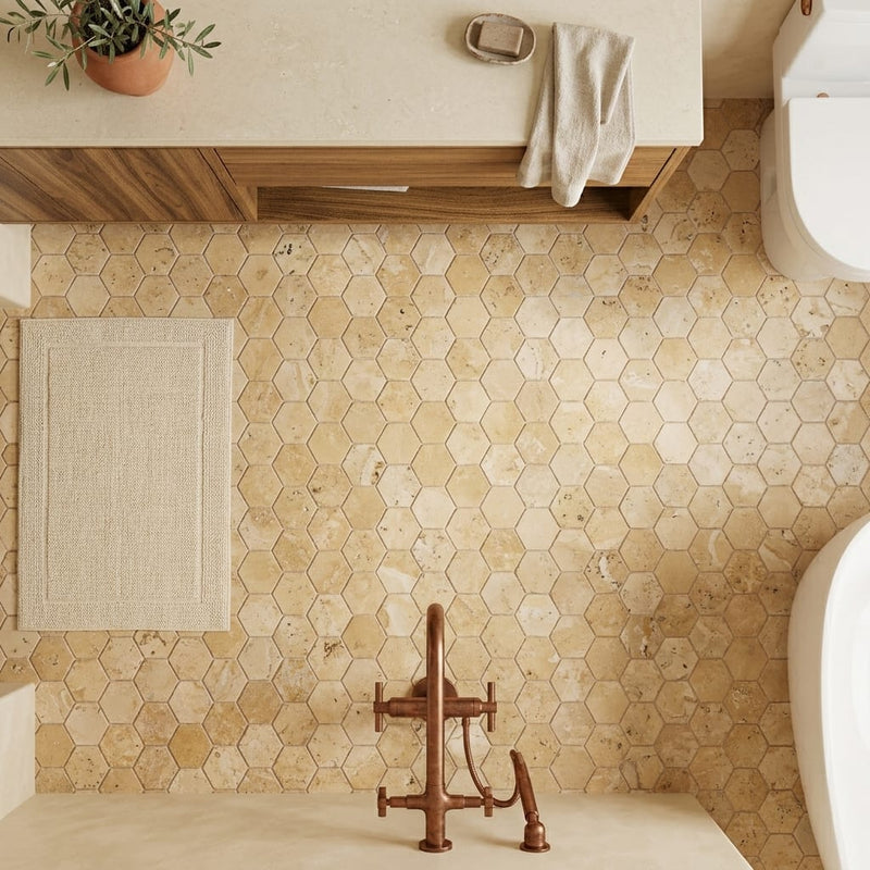 Philadelphia Travertine 2x2 Tumbled Travertine Hexagon Mosaic — Bathroom floor