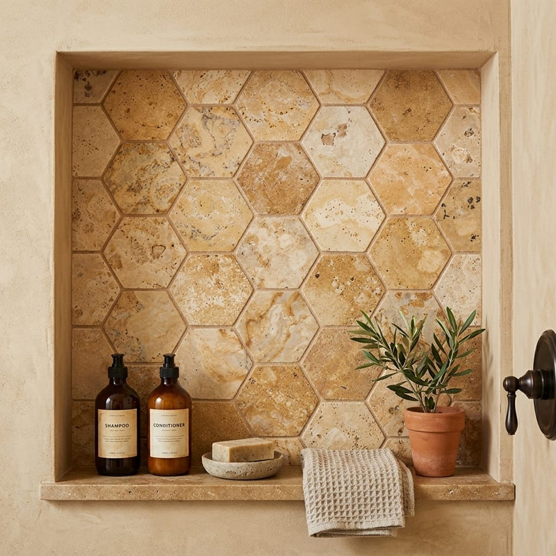 Philadelphia Travertine 2x2 Tumbled Travertine Hexagon Mosaic — Bathroom niche