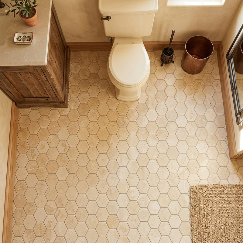 Philadelphia Travertine 2x2 Tumbled Travertine Hexagon Mosaic — Powder Room floor