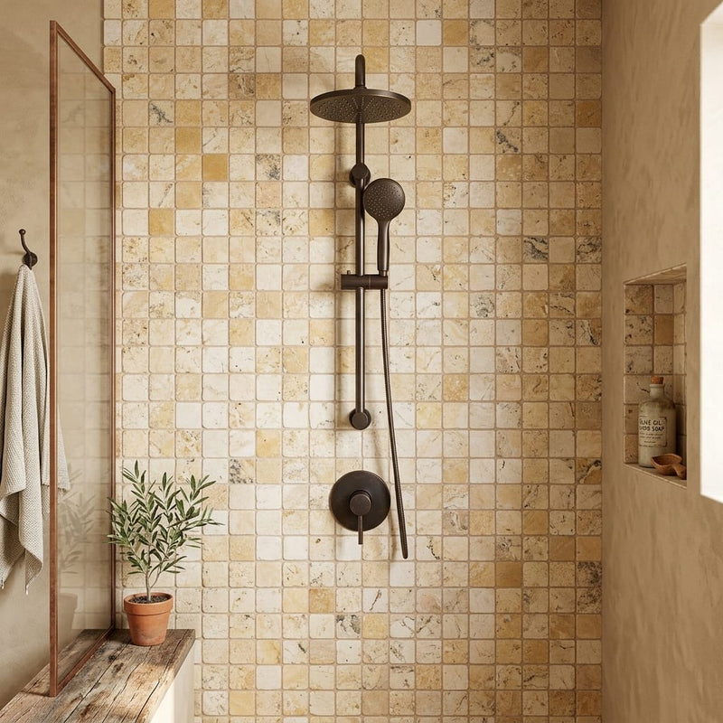 Philadelphia Travertine 2x2 Tumbled Travertine Mosaic — Bathroom shower wall