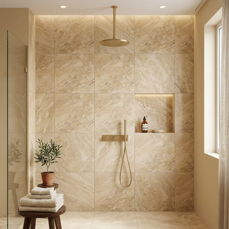 Philadelphia Travertine 24x24 Filled & Honed Travertine Tile — Bathroom shower wall