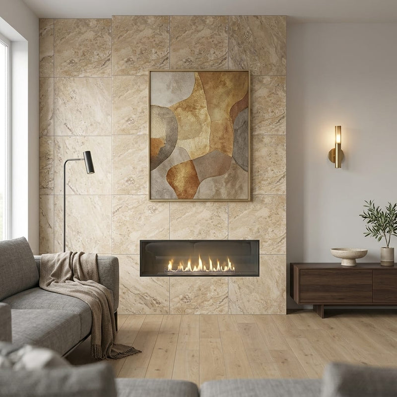 Philadelphia Travertine 24x24 Filled & Honed Travertine Tile — Living Room feature wall