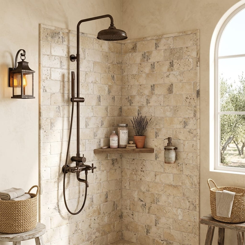 Philadelphia Travertine 3x6 Tumbled Travertine Tile — Bathroom shower wall