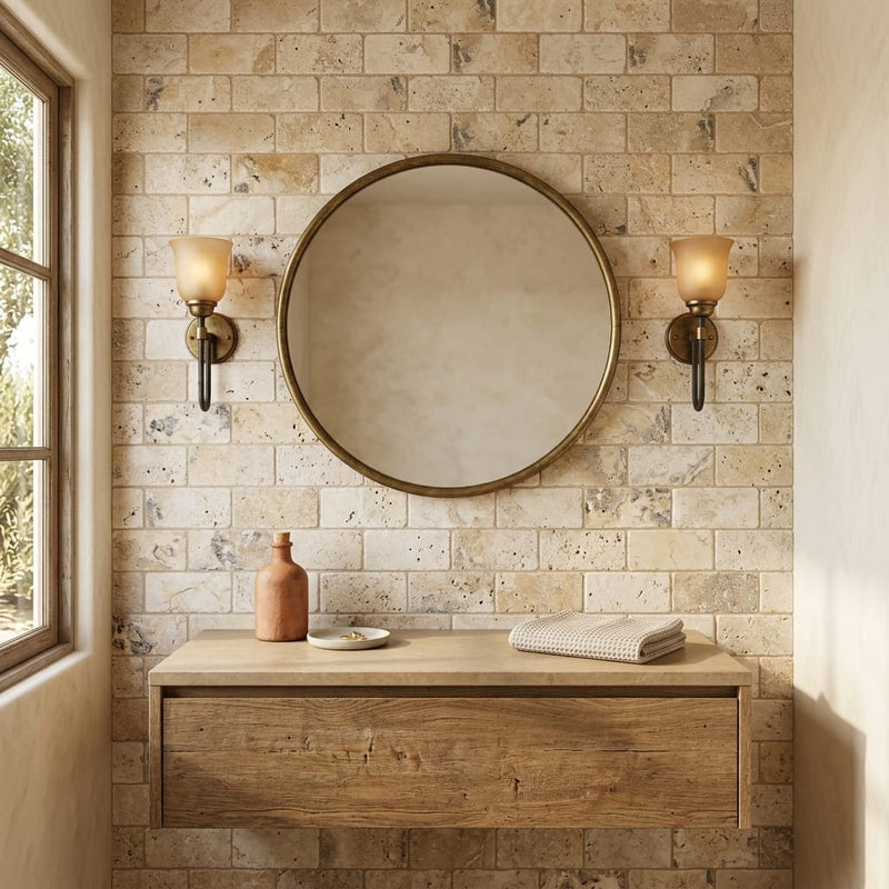 Philadelphia Travertine 3x6 Tumbled Travertine Tile — Bathroom wall
