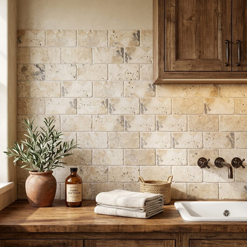 Philadelphia Travertine 3x6 Tumbled Travertine Tile — Laundry Room backsplash