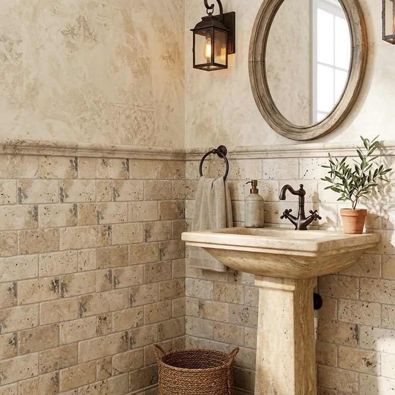 Philadelphia Travertine 3x6 Tumbled Travertine Tile — Powder Room wainscot