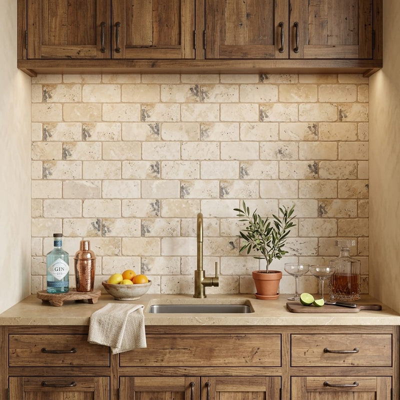 Philadelphia Travertine 3x6 Tumbled Travertine Tile — Wet Bar backsplash