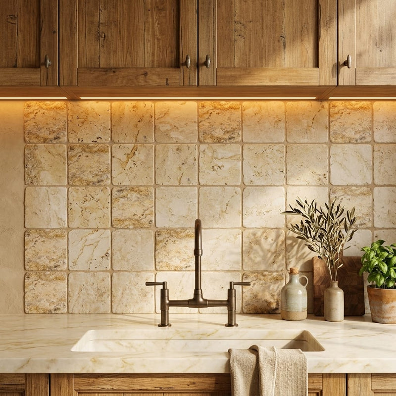 Philadelphia Travertine 4x4 Tumbled Travertine Tile — Kitchen backsplash