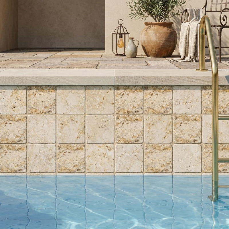 Philadelphia Travertine 4x4 Tumbled Travertine Tile — Swimming Pool waterline