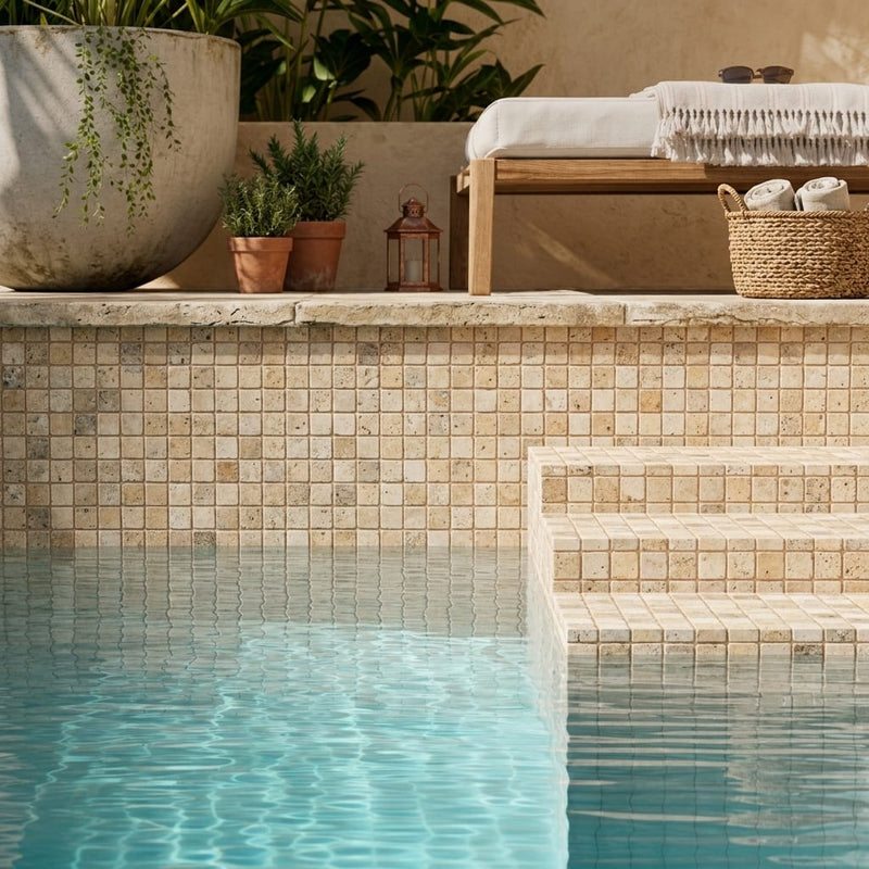Philadelphia Travertine 5/8x5/8 Tumbled Travertine Mosaic — Swimming Pool pool interior tiling