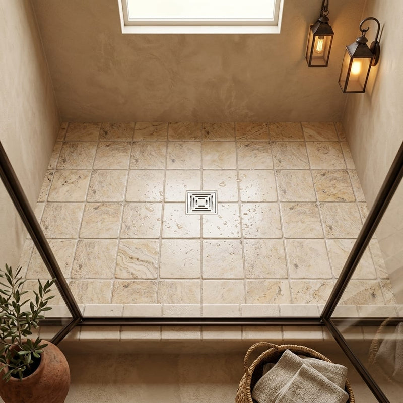 Philadelphia Travertine 6x6 Tumbled Travertine Tile — Bathroom shower floor