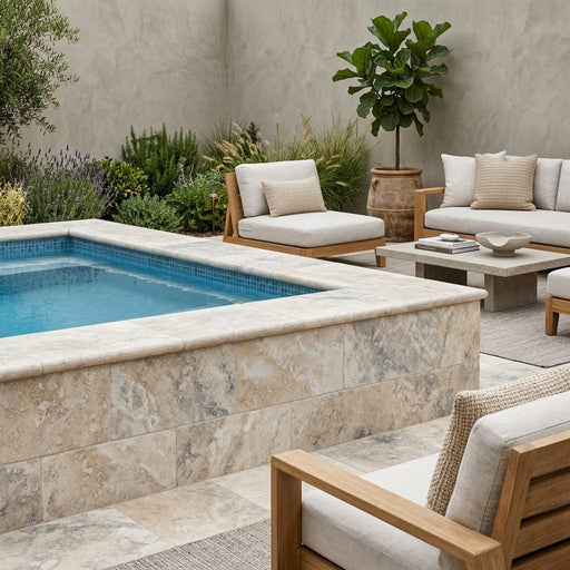 Philadelphia Travertine Coping 12x24 Tumbled 1.25 inch pool coping — Swimming Pool raised bond beam cap
