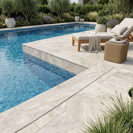 Philadelphia Travertine Coping 12x24 Tumbled 2 inch pool coping — Swimming Pool pool edge drop-face coping