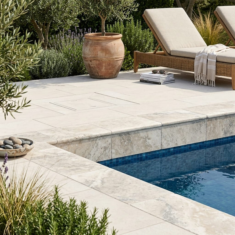 Philadelphia Travertine Coping 12x24 Tumbled 2 inch pool coping — Swimming Pool remodel pool edge