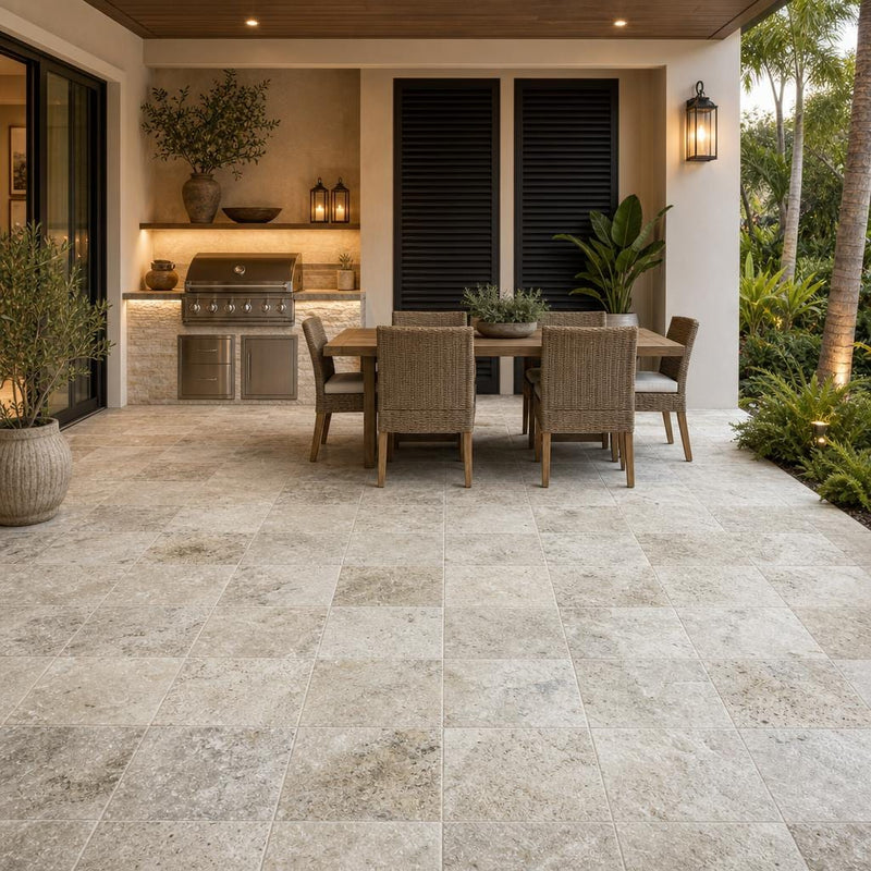 Philadelphia Travertine Paver 12x12 Tumbled 1.25 inch — Backyard patio