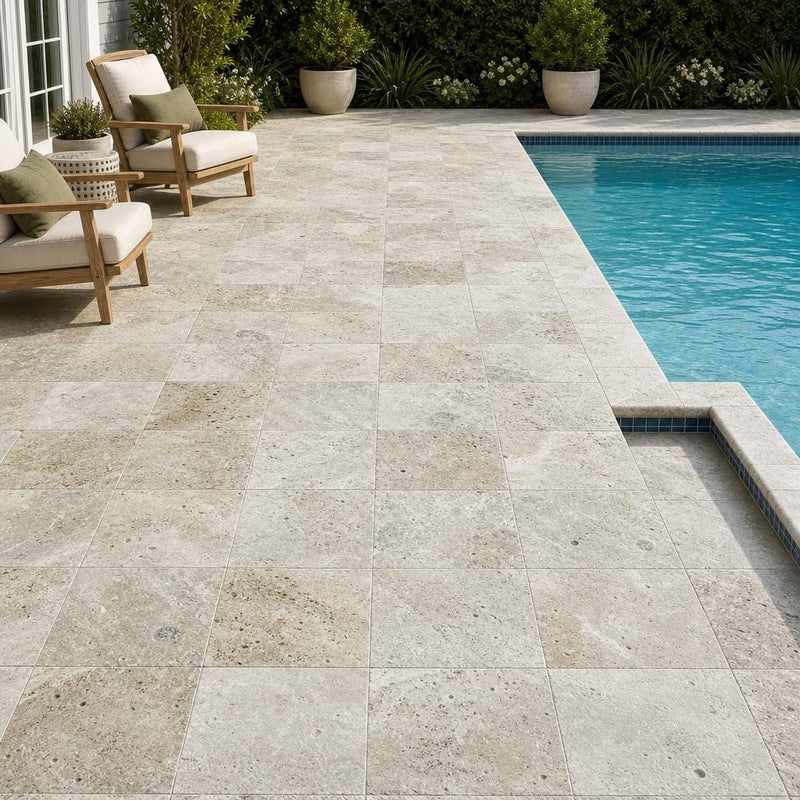 Philadelphia Travertine Paver 12x12 Tumbled 1.25 inch — Backyard pool deck