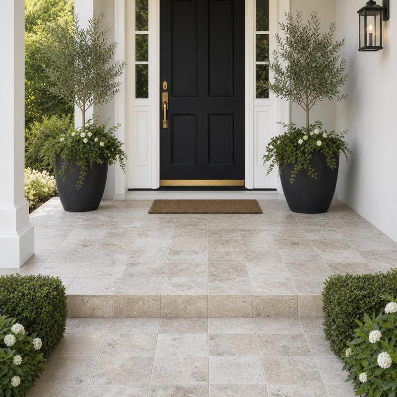 Philadelphia Travertine Paver 12x12 Tumbled 1.25 inch — Front Yard front porch