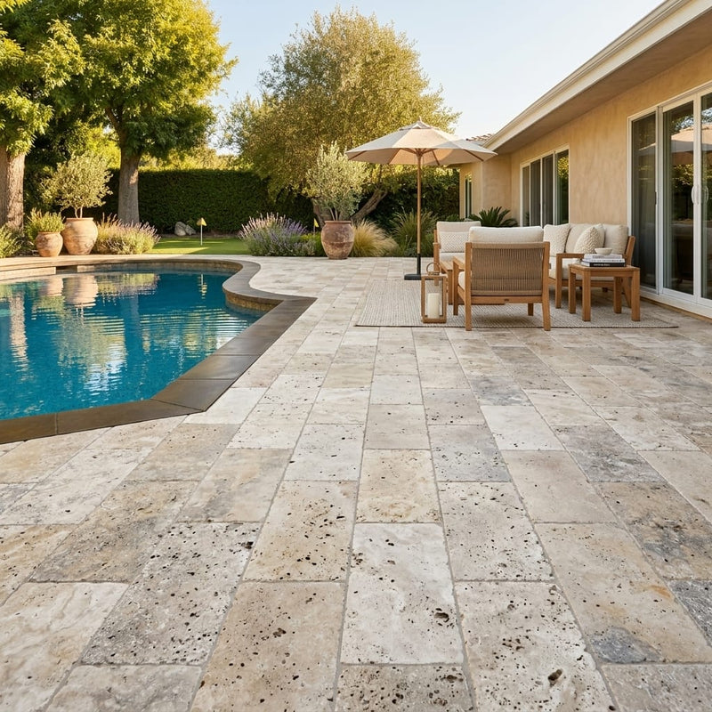 Philadelphia Tumbled Travertine Paver in 12x24 in — Backyard pool deck