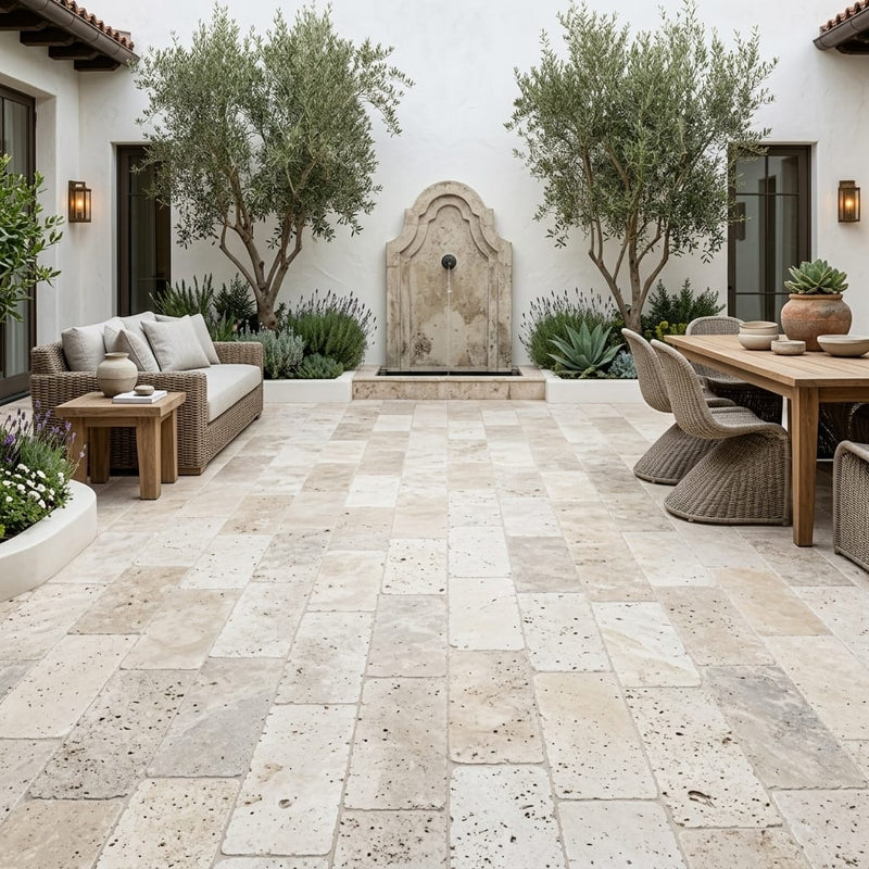 Philadelphia Tumbled Travertine Paver in 12x24 in — Courtyard paving