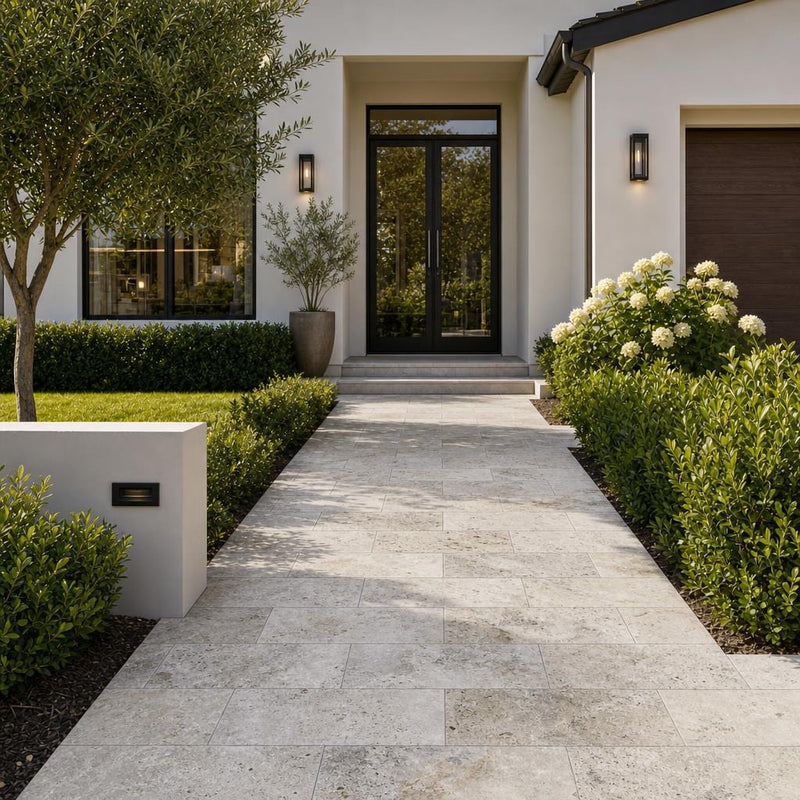 Philadelphia Travertine Paver 12x24 Tumbled 1.25 inch — Front Yard walkway