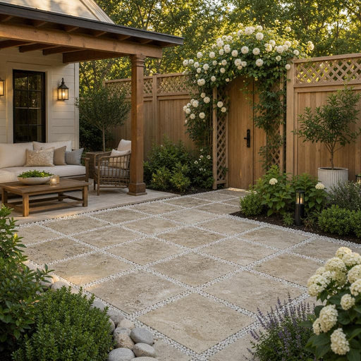 Philadelphia Travertine Paver - Tumbled Brown, 16x16 — Backyard patio