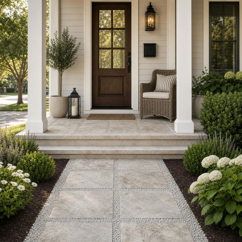 Philadelphia Travertine Paver - Tumbled Brown, 16x16 — Front Yard front porch