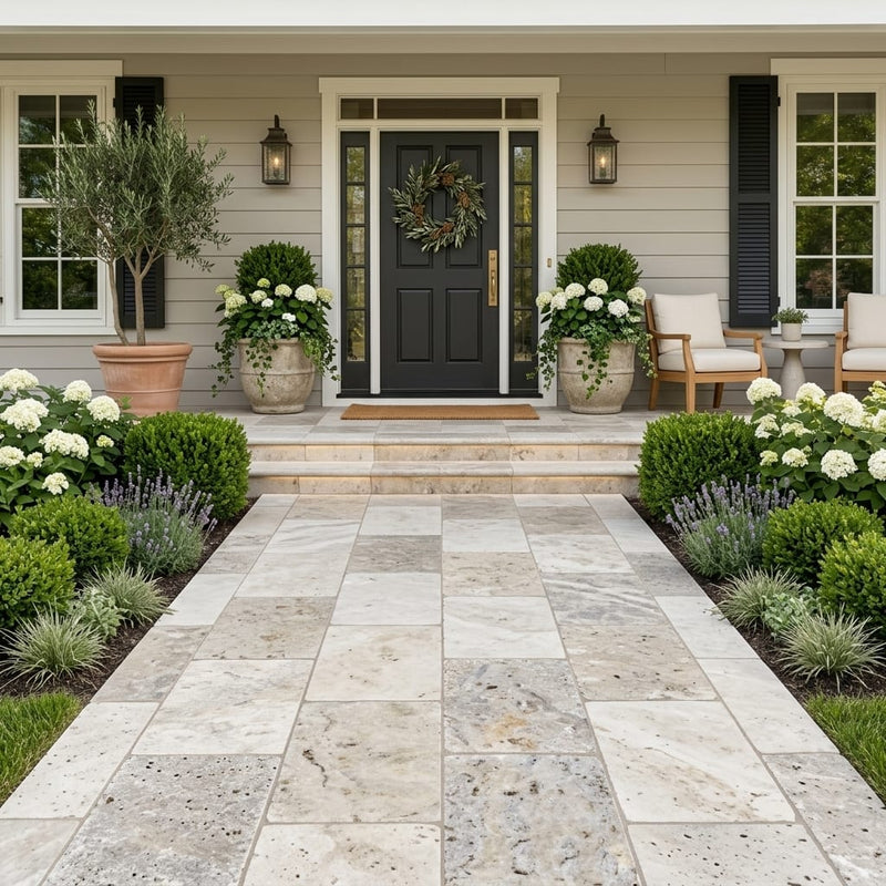 Philadelphia Travertine Paver 16x24 Tumbled 2 inch — Front Yard front porch