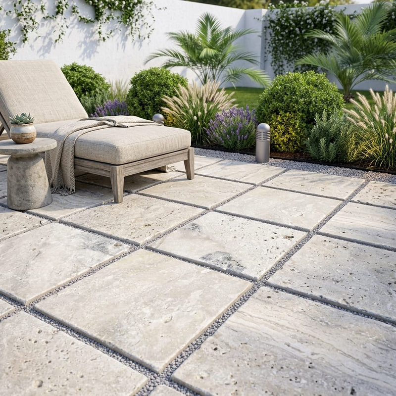 Philadelphia Travertine 24x24 Tumbled Paver in Natural Beige — Backyard patio