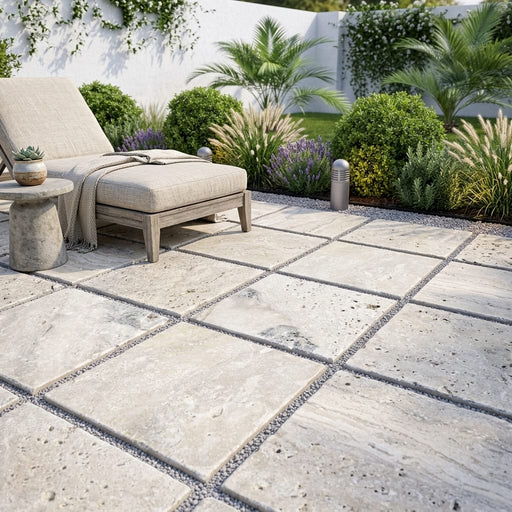Philadelphia Travertine 24x24 Tumbled Paver in Natural Beige — Backyard patio