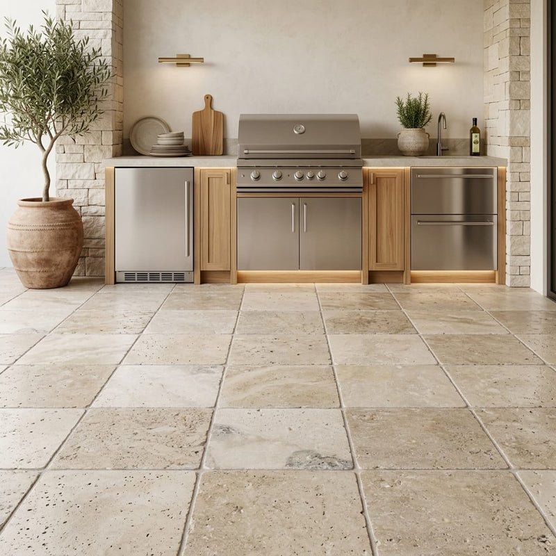 Philadelphia Travertine 24x24 Tumbled Paver in Natural Beige — Outdoor Kitchen floor