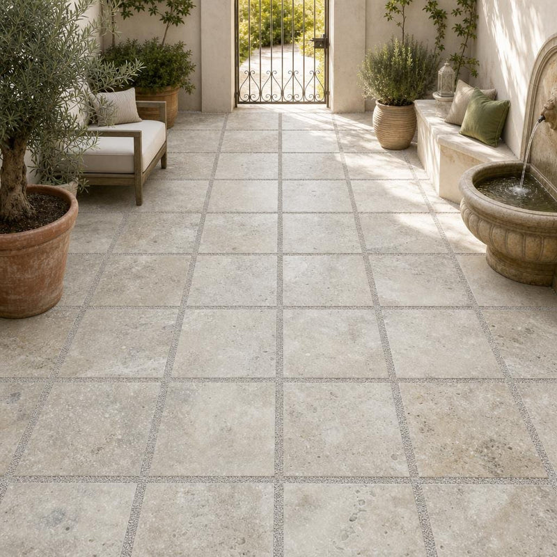 Philadelphia Travertine Paver 24x24 Tumbled 1.25 inch — Courtyard paving