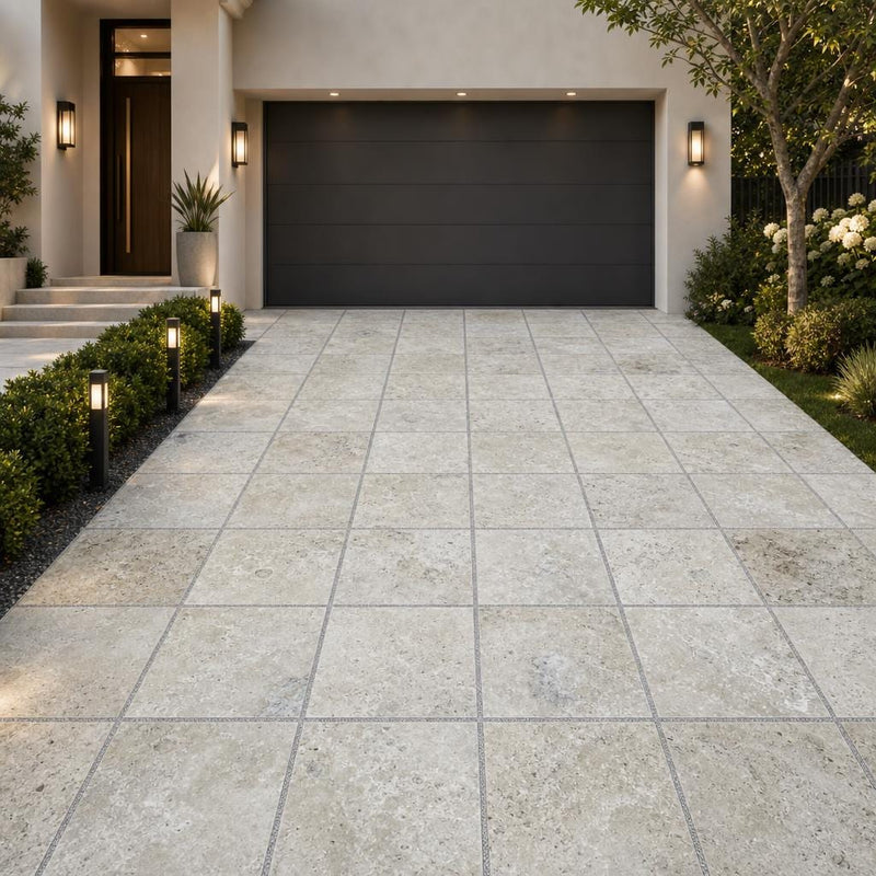 Philadelphia Travertine Paver 24x24 Tumbled 1.25 inch — Front Yard driveway