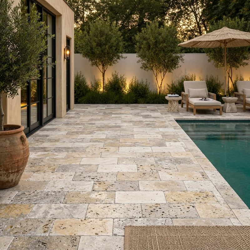 Philadelphia Travertine Paver 6x12 Tumbled 1.25 inch — Backyard pool deck