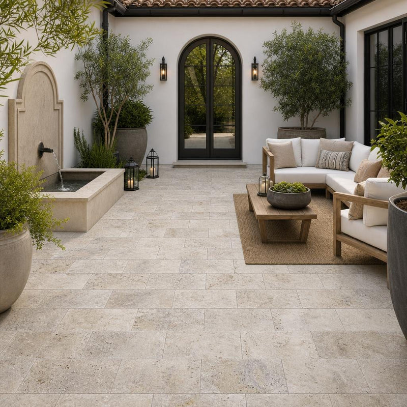 Philadelphia Travertine Paver 6x12 Tumbled 1.25 inch — Courtyard paving