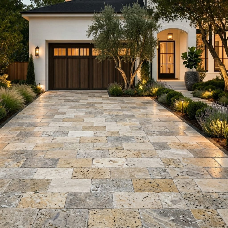 Philadelphia Travertine Paver 6x12 Tumbled 1.25 inch — Front Yard driveway