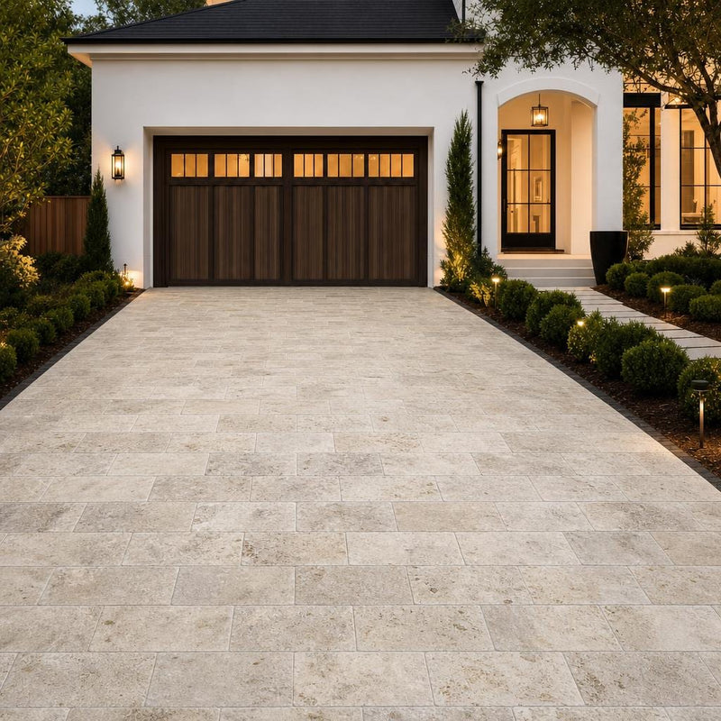 Philadelphia Travertine Paver 6x12 Tumbled 1.25 inch — Front Yard driveway