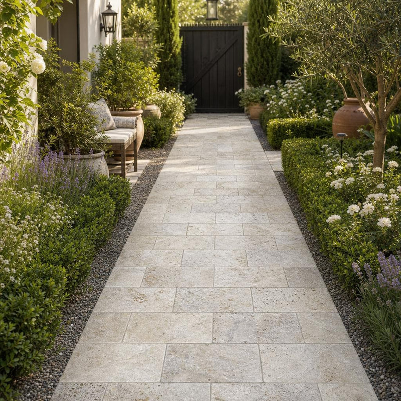 Philadelphia Travertine Paver 6x12 Tumbled 1.25 inch — Garden path