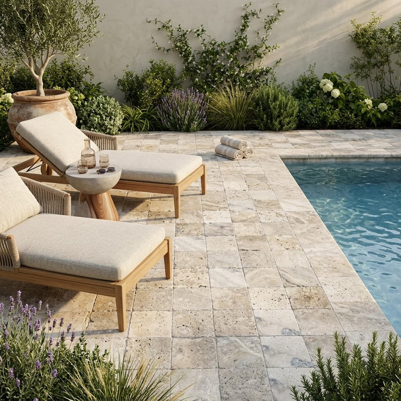 Philadelphia Travertine Paver 6x6 Tumbled 1.25 inch — Backyard pool deck