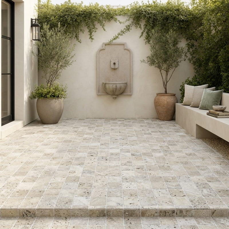 Philadelphia Travertine Paver 6x6 Tumbled 1.25 inch — Courtyard paving