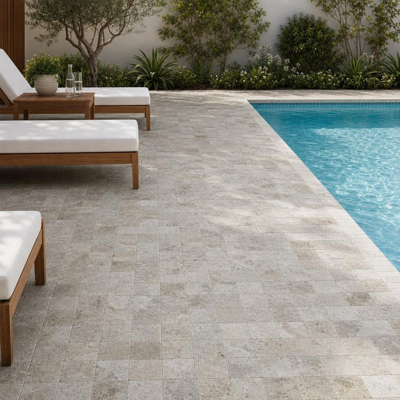 Philadelphia Travertine Paver 6x6 Tumbled 1.25 inch — Backyard pool deck